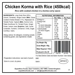 Expedition Foods Chicken Korma With Rice (450kcal) -Camp Haven chicken korma with rice 450kcal v5 label